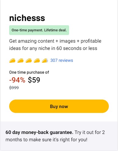 Nichesss Ai Appsumo Lifetime Deal (LTD) $59 - Pricing